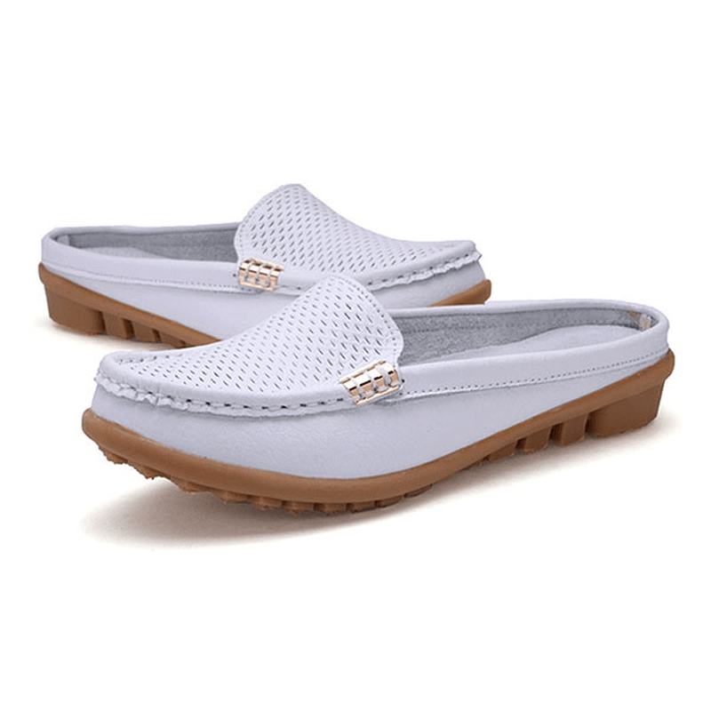 US Size 5-10 New Women Casual Fashion Breathable round Toe Slip-On Leather Flat Sandals Shoes - MRSLM