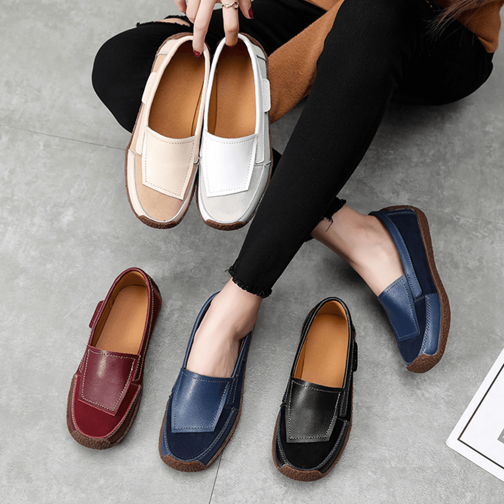 Women Comfy Leather Splicing Soft Slip on Flat Loafers - MRSLM