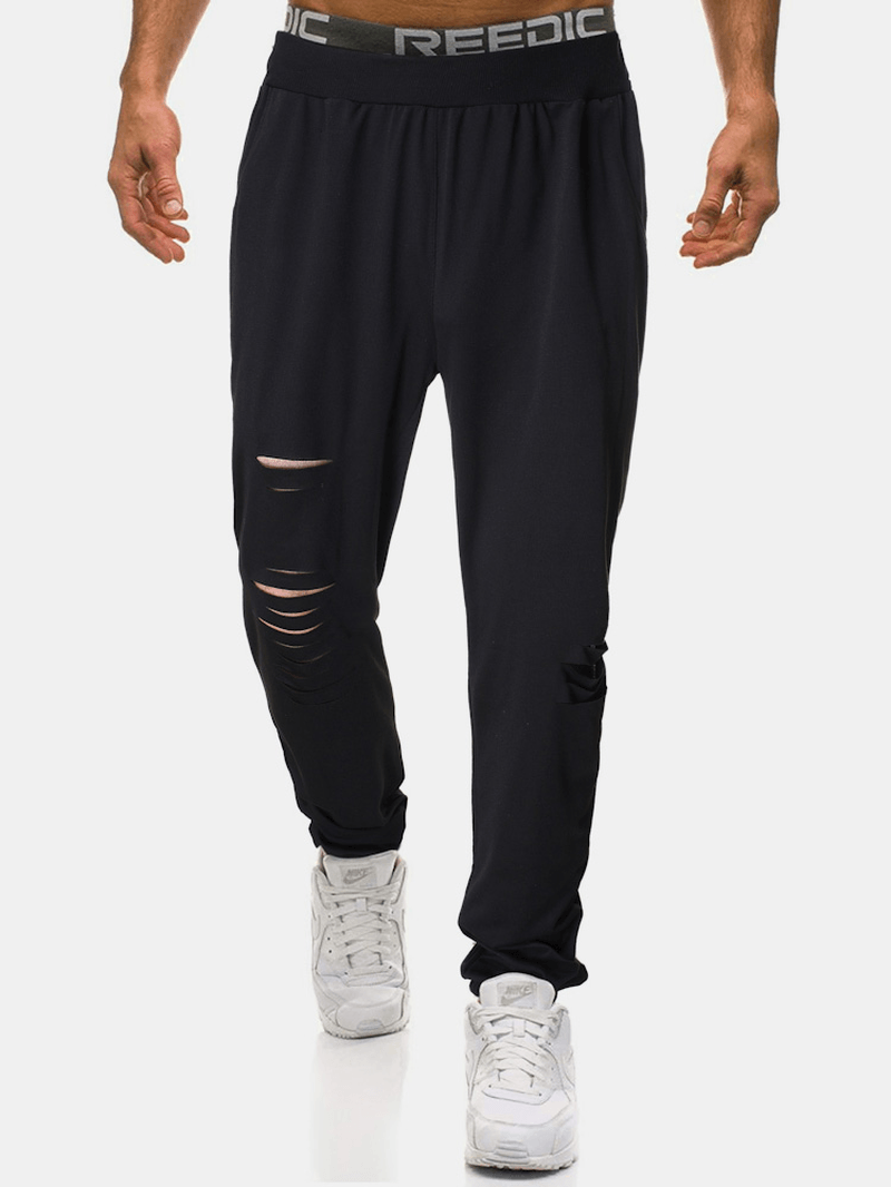 Mens Cotton Ripped Drawstring Black Jogger Pants with Pocket - MRSLM