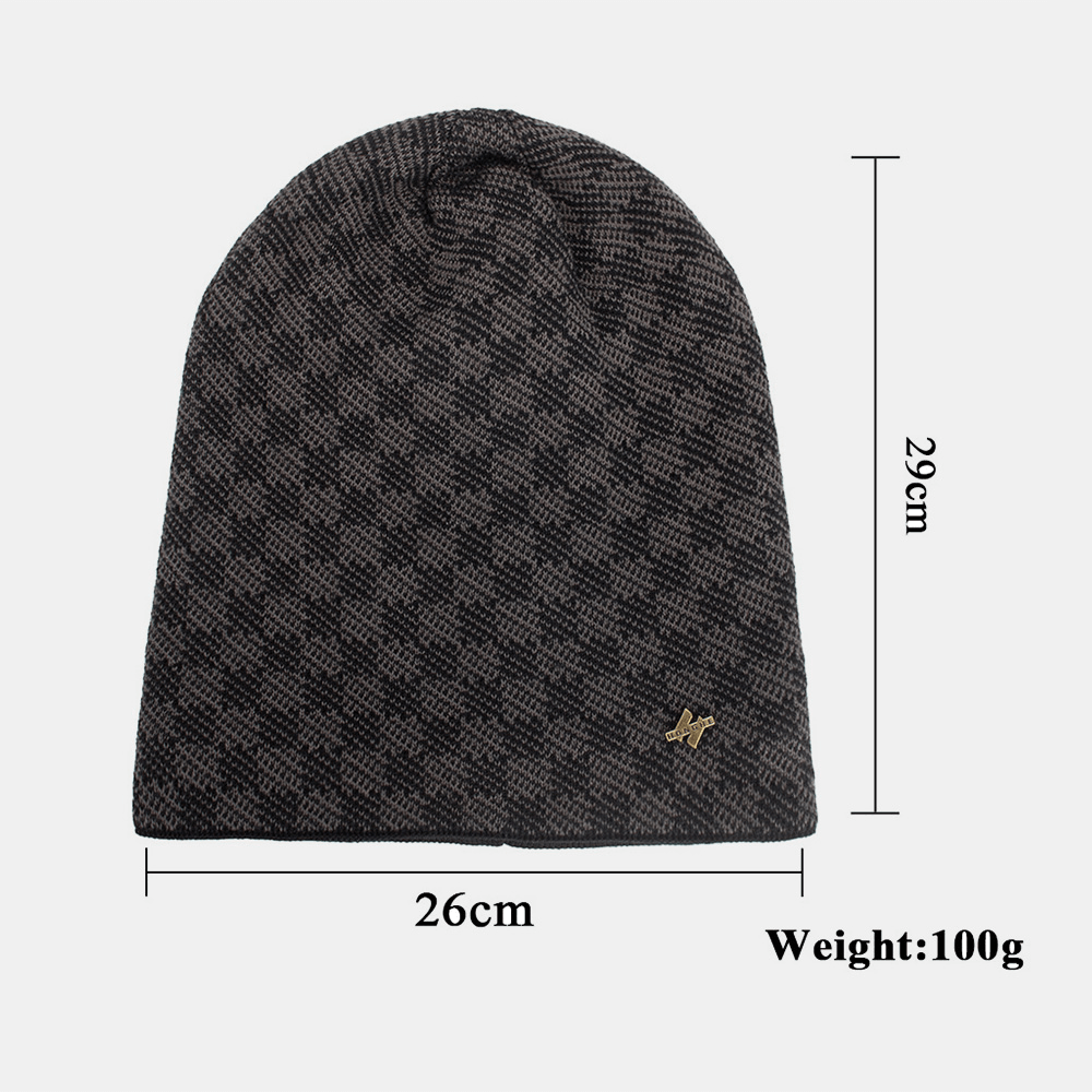 Men Knitted plus Velvet Lattice Jacquard Letter Iron Label Brimless Beanie Hat - MRSLM