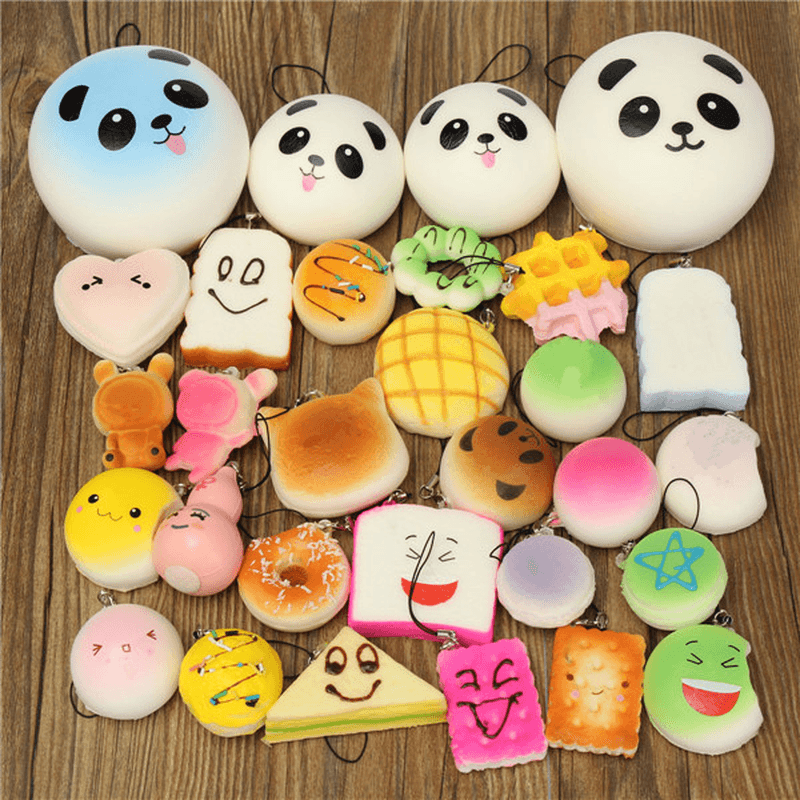 18PCS Squishy Christmas Gift Decor Panda Cup Cake Toasts Buns Donuts Random Soft Cell Phone Straps - MRSLM