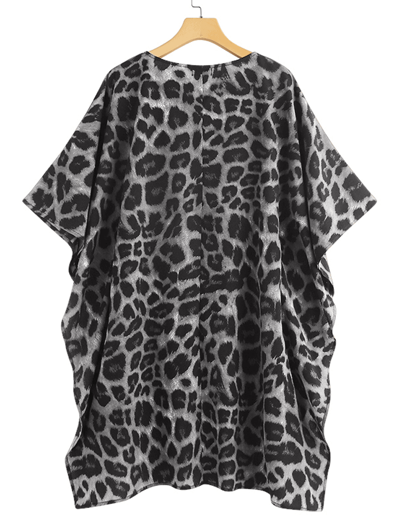 Women Leopard Print Irregular Hem V-Neck Casual Blouse - MRSLM