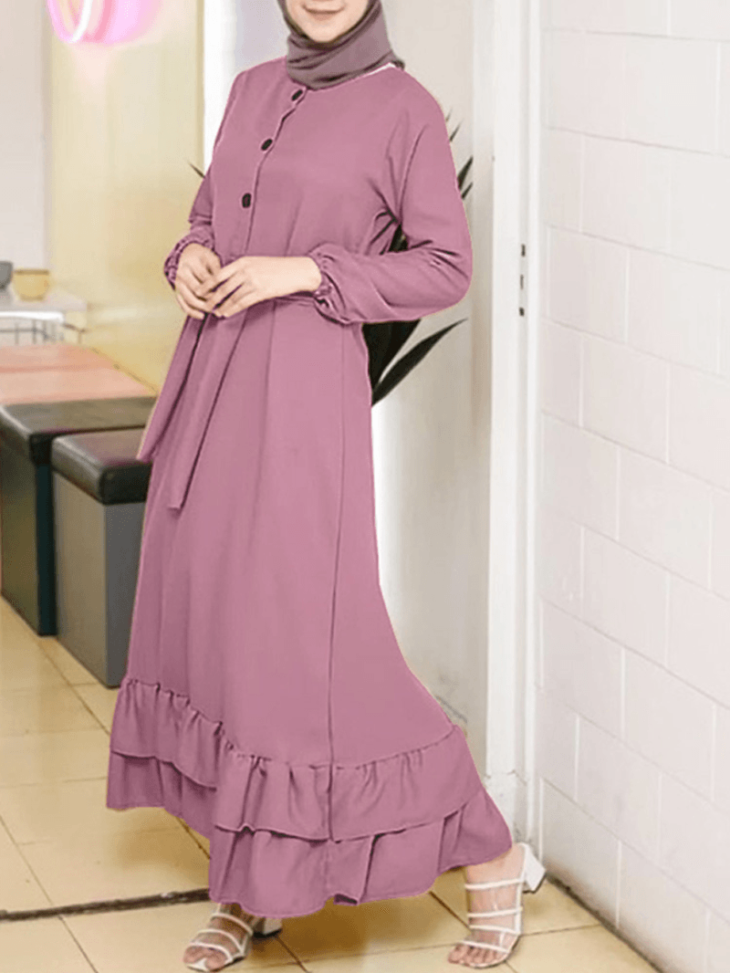 Women Long Sleeve Solid Ruffles Hem Abaya Kaftan Pleats Button Midi Dresses - MRSLM