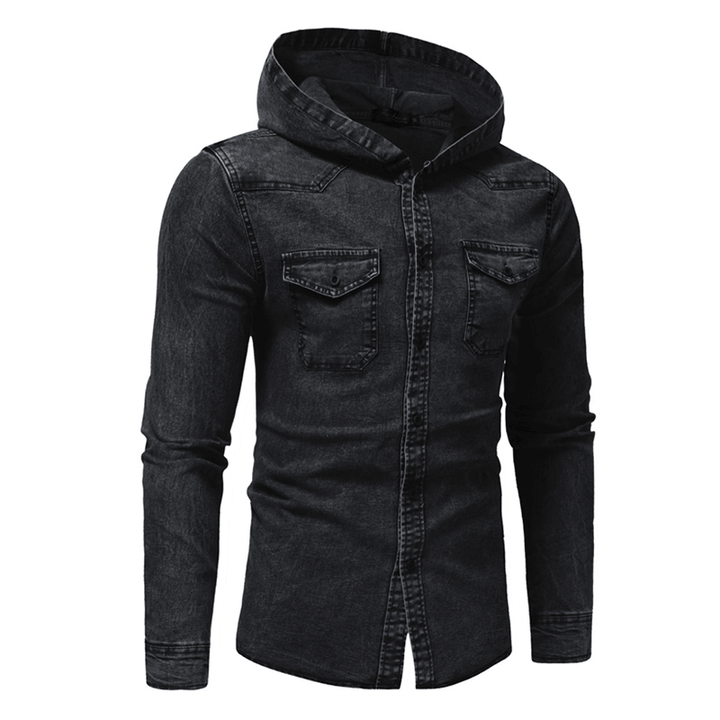 Mens Denim Chest Pocket Cotton Casual Hooded Shirt Jacket - MRSLM