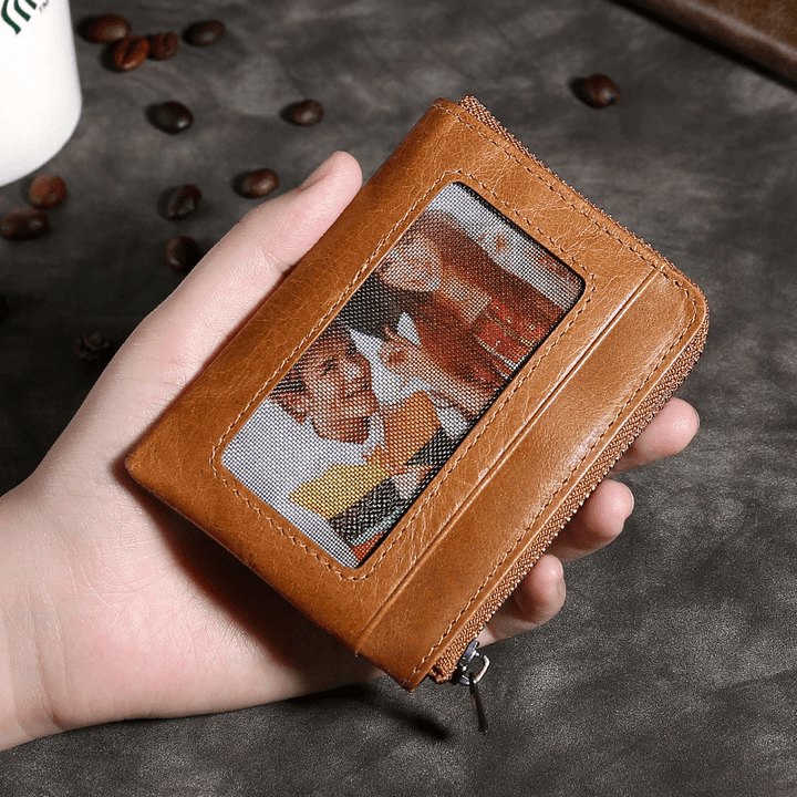 Men Genuine Leather Wallets Retro Multifunctional RFID Anti-Theft Brush Card Holder Money Clip Coin Purse Cowhide Wallets - MRSLM