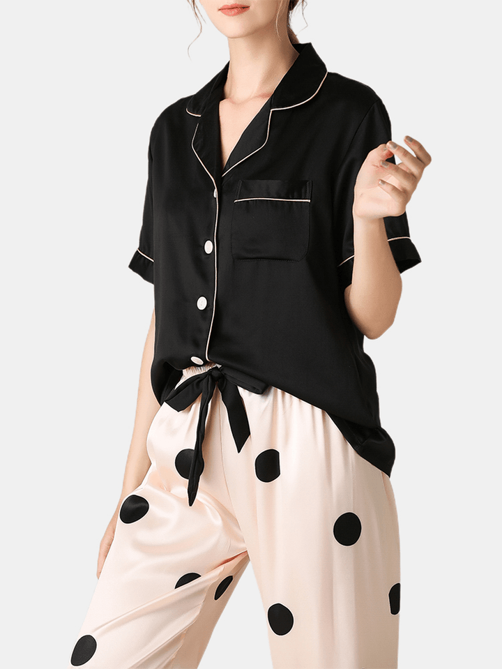 Women Black Revere Collar Short Sleeve Top Polka Dot Pants Faux Silk Home Pajama Set - MRSLM