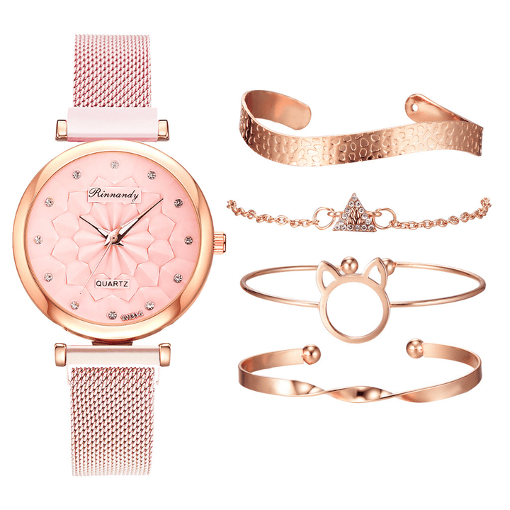 5 PCS Combination Women Bracelet Watch Set Flower Dial Mesh Steel Band Quartz Watch - MRSLM