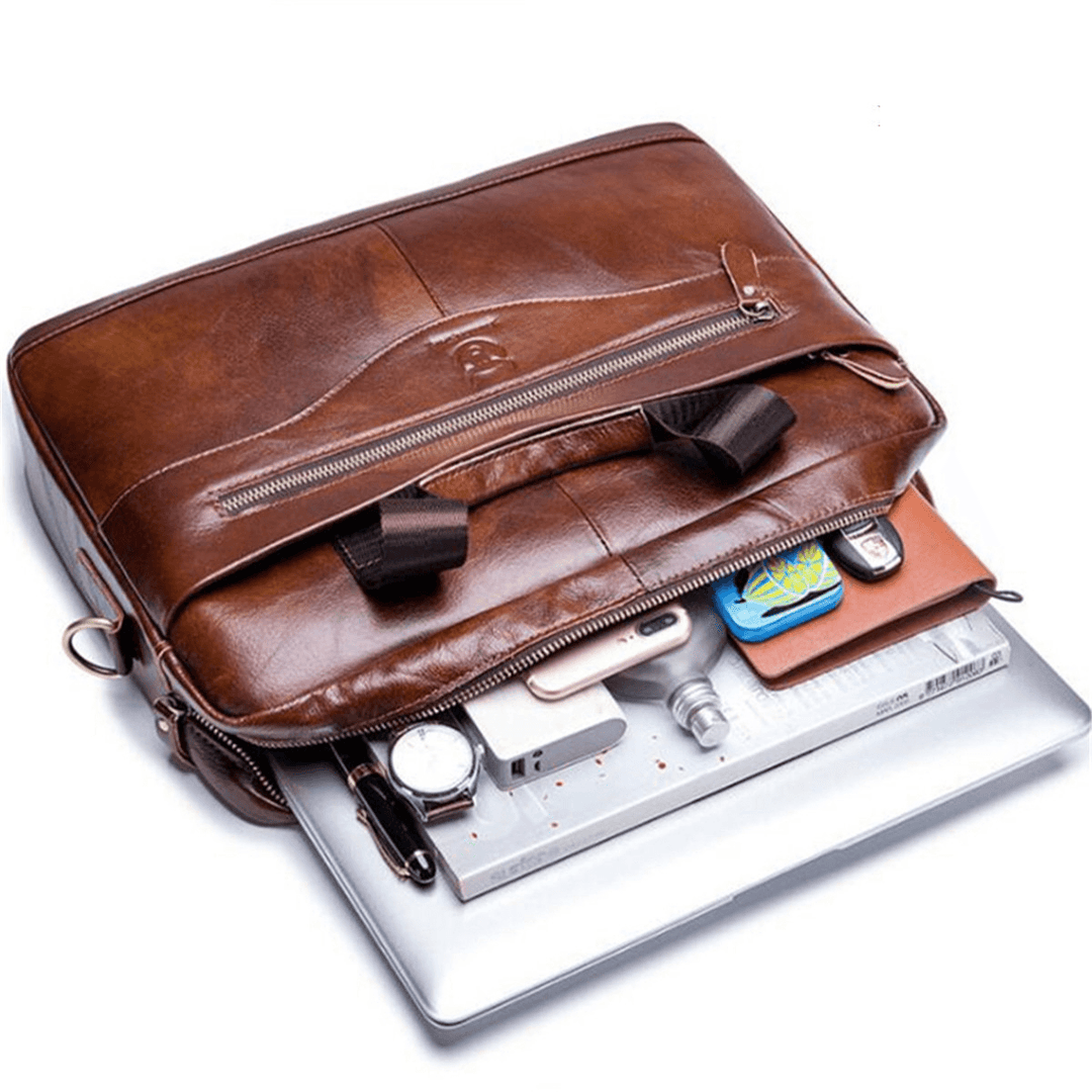 Men Genuine Leather Shoulder Bag Business Travel Crossbody Messenger Handbag Briefcase - MRSLM