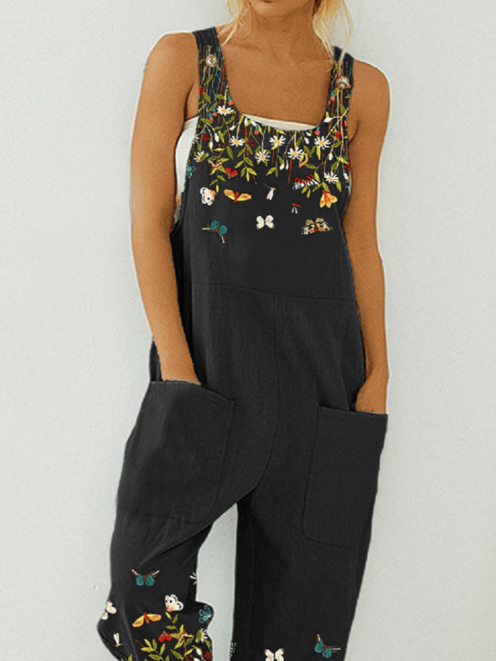 Butterfly Flower Print Strap Button Pocket Casual Jumpsuit Overalls for Women - MRSLM