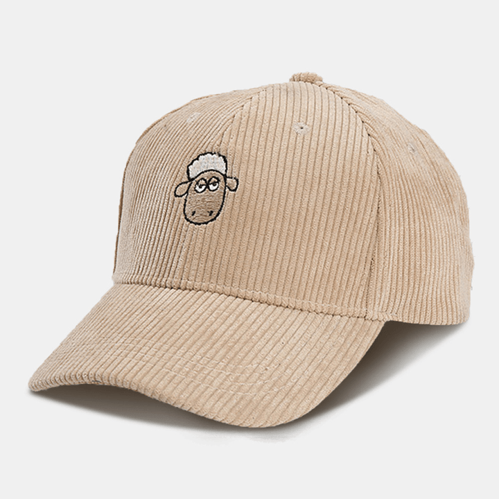 Unisex Cartoon Sheep Embroidery Baseball Cap Casual Wide Brim Stripe Sunshade Suncreen Corduroy Hat - MRSLM