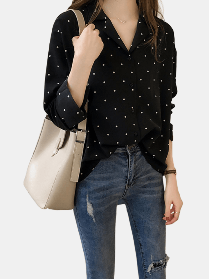 Polka Dot Print V-Neck Long Sleeve Casual Blouse - MRSLM