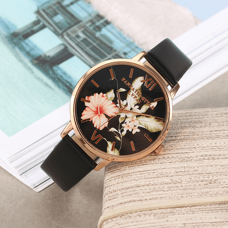 LVPAI Fashion Flower Pattern PU Leather Strap Womenwrist Watch Ladies Dress Quartz Watch - MRSLM