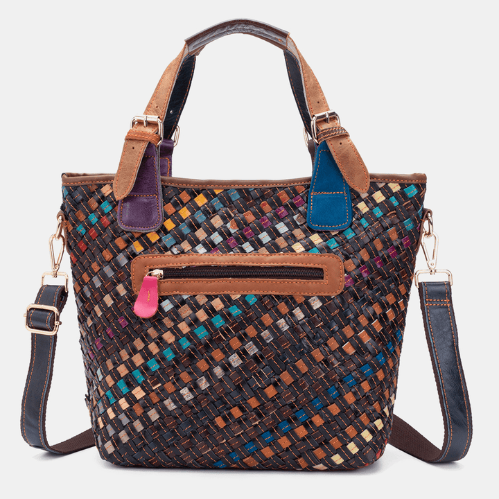 Women Genuine Leather Weave Vintage Handbag Crossbody Bag - MRSLM