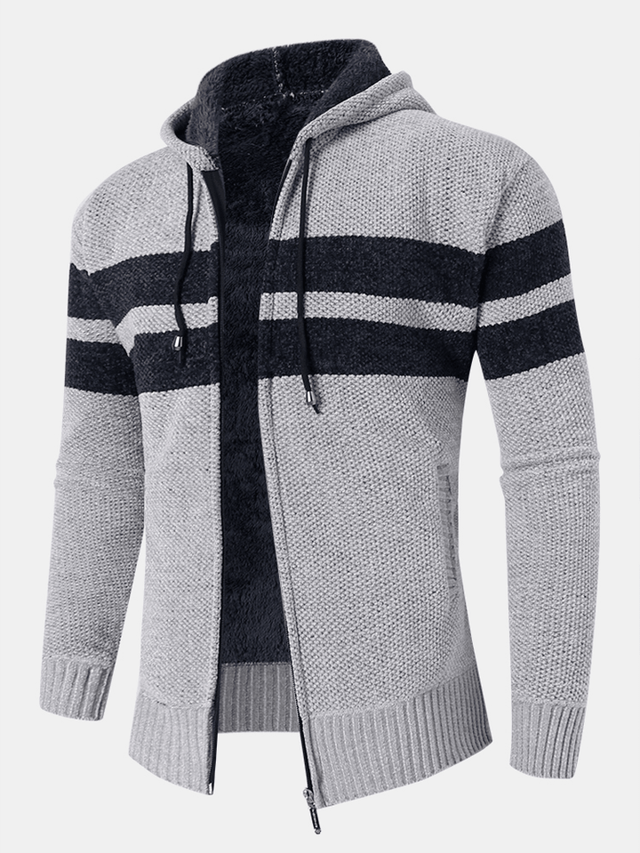 Mens Colorblock Knitted Zipper Warm Hooded Sweater Cardigans - MRSLM