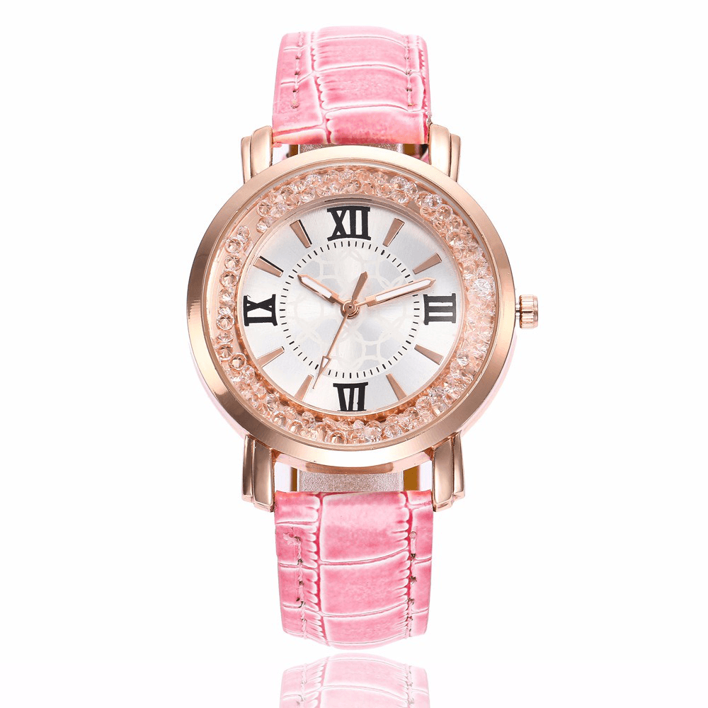 Fashion Rose Gold Flowing Crystal Roman Numerals Ladies Dress Bracelet Leather Women Quartz Watch - MRSLM