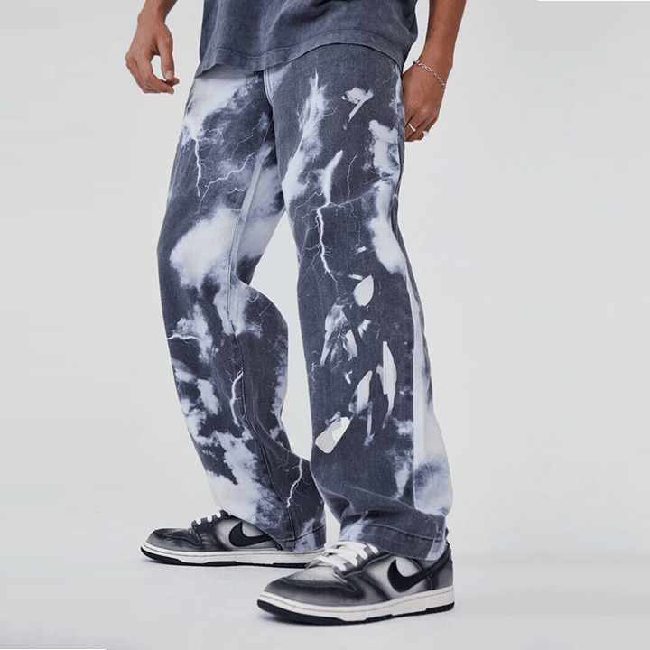 European and American Trend High Street Washed Tie-Dye Printed Denim Trousers for Men - MRSLM