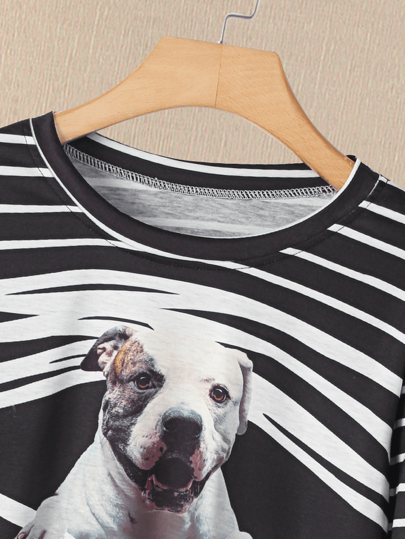 Women 3D Dog & Stripe Print O-Neck Pullover Casual Sweatshirts - MRSLM