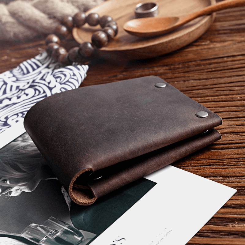 Men Short Bifold Cowhide Wallet Rivet Design Large Capacity Card Holder Coin Purse - MRSLM