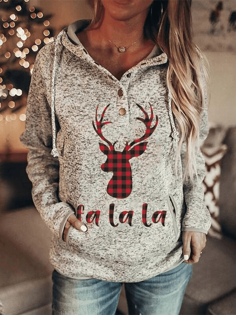 Women Christmas Elk Letter Print Raglan Sleeve Kangaroo Pocket Button Collar Hoodies - MRSLM