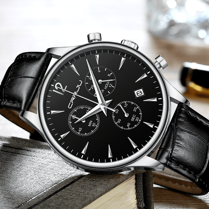 CRRJU 2272 Fashion Leather Strap Japan Movement Calendar Waterproof Men Quartz Watch - MRSLM