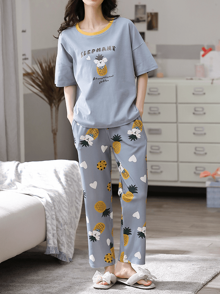 Women Floral Pattern Letter Print Short Sleeve Pocket Elastic Waist Home Pajama Sets - MRSLM