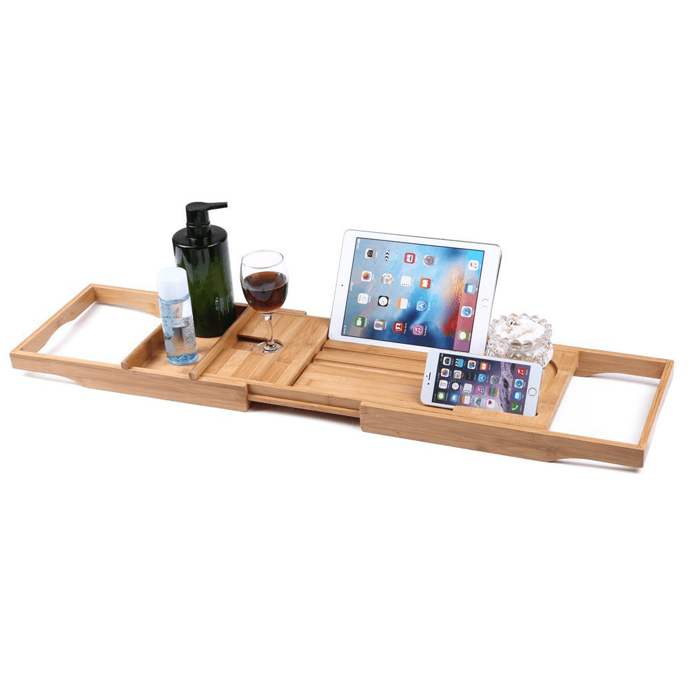 Honana BX-816 Expandable Bamboo Bath Caddy Wine Glass Holder Tray over Bathtub Rack Support Storage - MRSLM