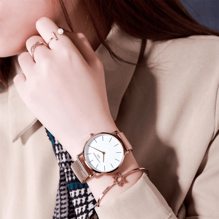 CHRONOS CH33 Fashion Women Watch Leather/Stainless Steel Simple Elegent Female Quartz Watch - MRSLM