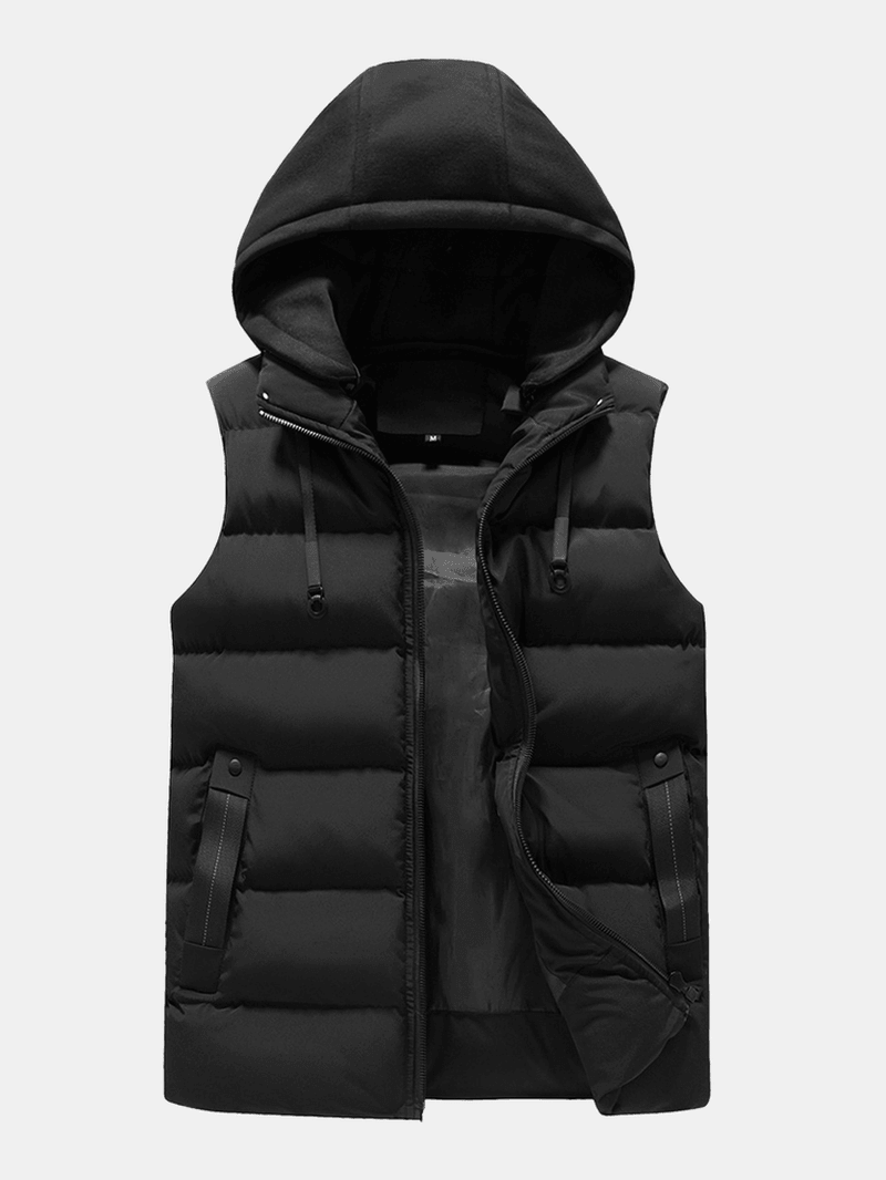 Mens Zipper Side Pocket Windproof Removable Hooded Warm Sleeveless down Jacket Vest - MRSLM