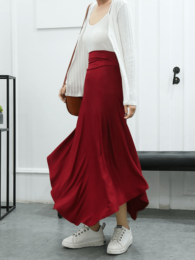 Women Solid Color Irregular Hem Elastic Waist Skirts - MRSLM