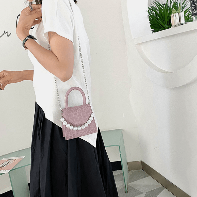 Women Pearls Chain Decor Flap Embossed Snake Pattern Mini Handbag Crossbody Bag Shoulder Bag - MRSLM