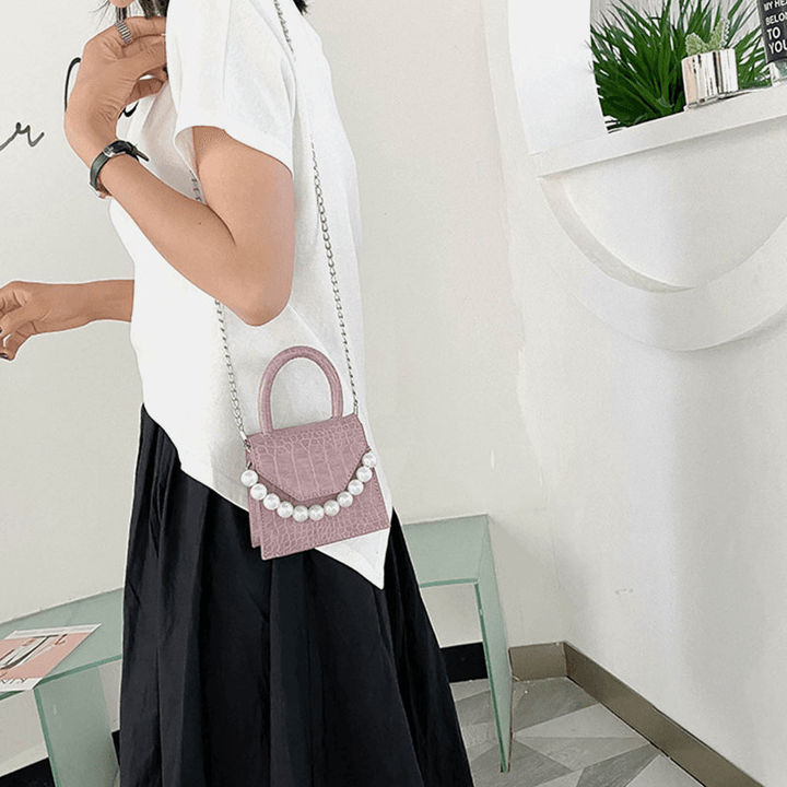 Women Pearls Chain Decor Flap Embossed Snake Pattern Mini Handbag Crossbody Bag Shoulder Bag - MRSLM