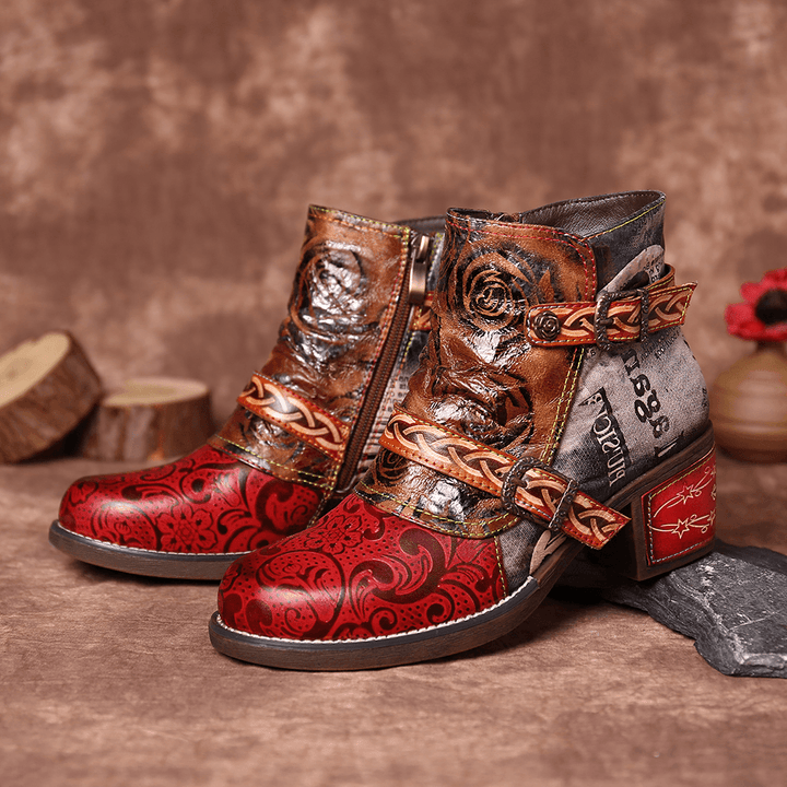 Women Embossed Rose Genuine Leather Splicing Boots - MRSLM