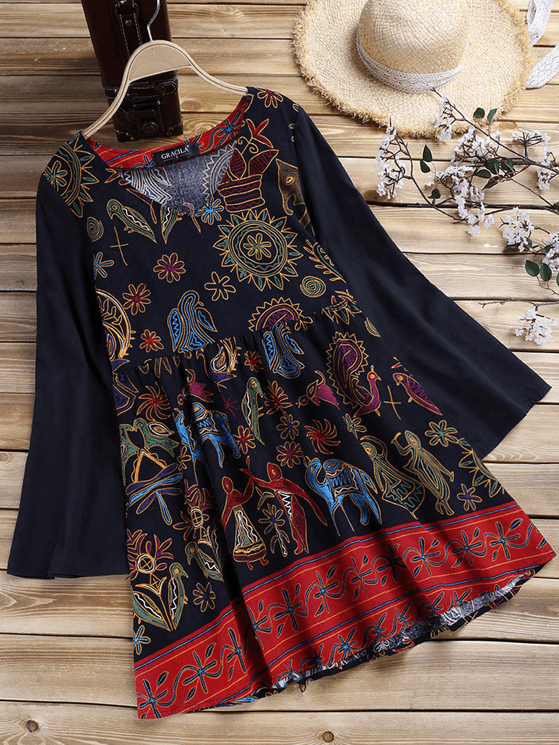 Ethnic Women Vintage Folk Style Print Long Sleeve Blouse - MRSLM