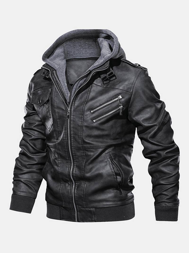 Mens Solid Color Multi Pocket Zipper PU Leather Removable Hooded Jackets - MRSLM