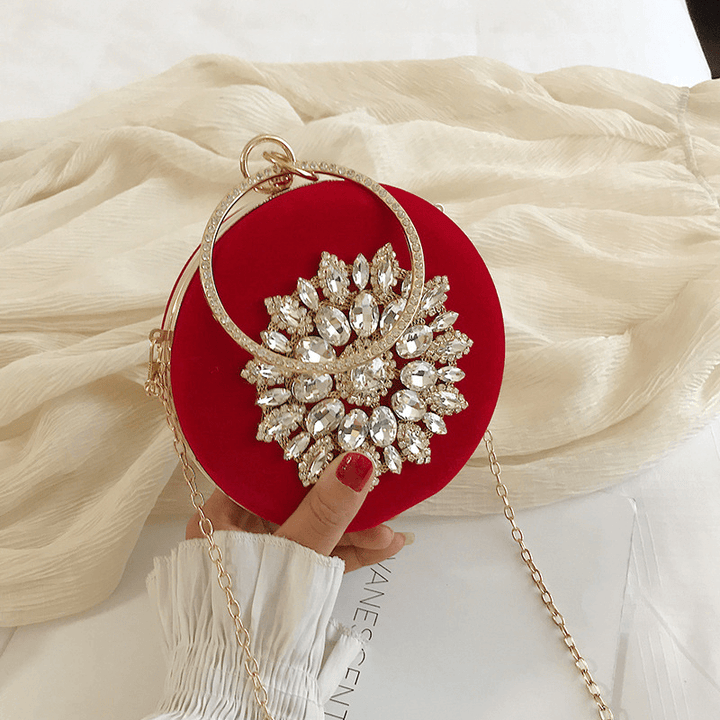 Female Small Bag New Fashion Rhinestones Wild Shoulder Bag Chain Slung Small round Bag Daily Party - MRSLM