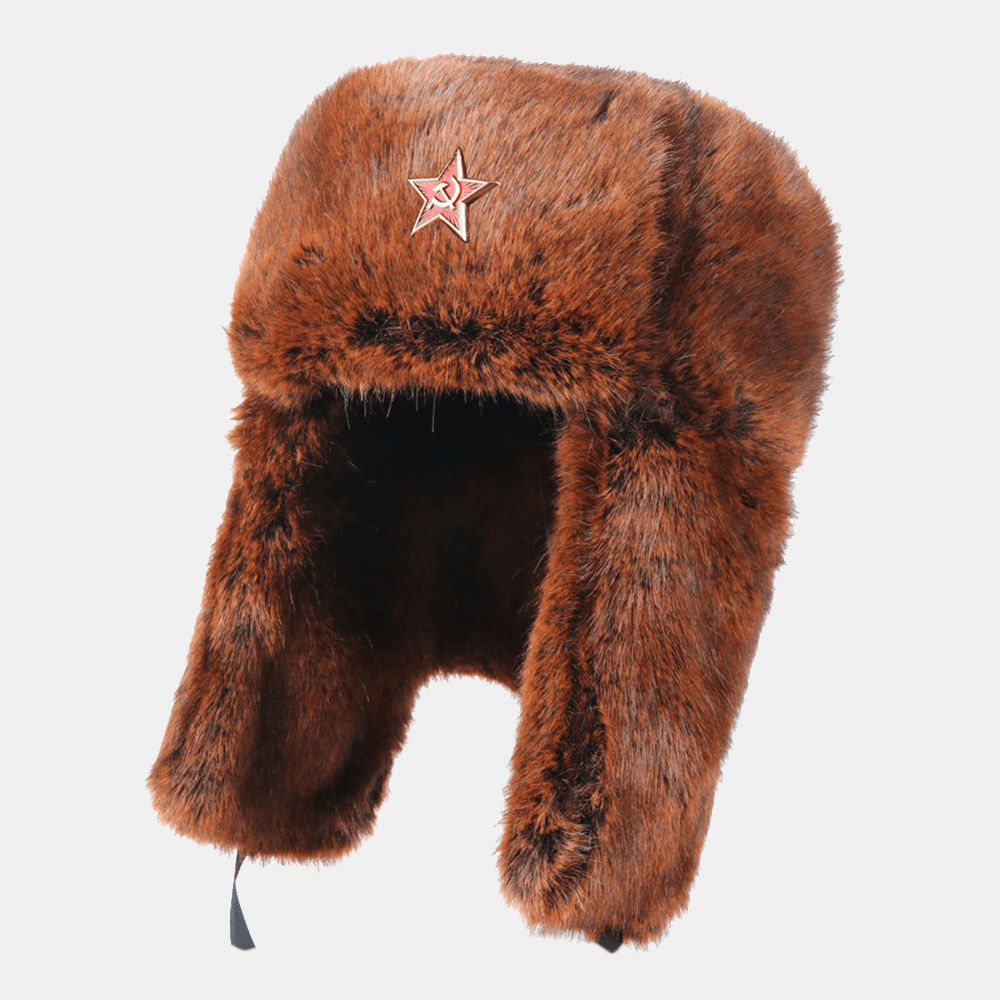 Men Plush Metal Badge Warm Windproof Ear Protection Trapper Hat Winter Outdoor Cold-Proof Ushanka Hat - MRSLM