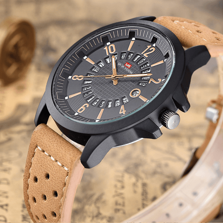 VA VA VOOM VA-206 Casual Style Date Display Outdoor Quartz Watch Leather Band Men Watch - MRSLM