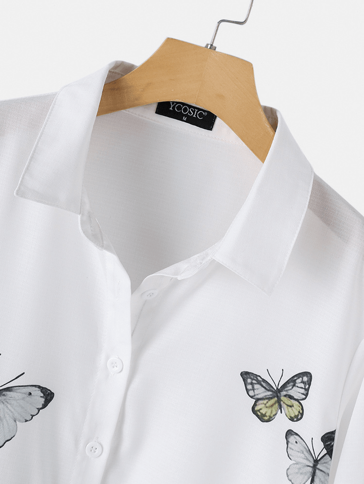 Women Cartoon Cat Butterfly Print Button up Lapel Casual Long Sleeve Shirts - MRSLM