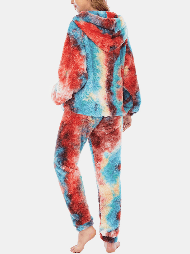 Women Tie Dye Fleece Kangaroo Pocket Hoodie Pants Home Sleepweat Casual Pajama Set - MRSLM