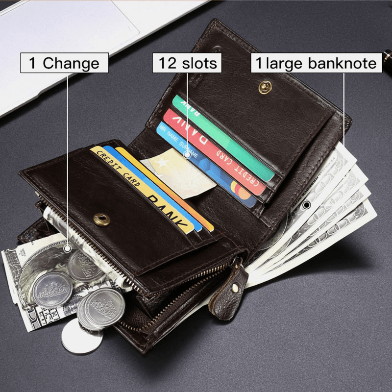 Men Genuine Leather Multifunction RFID Anti-Theft Retro Short Wallet Multi-Card Slot Card Holder Coin Purse - MRSLM