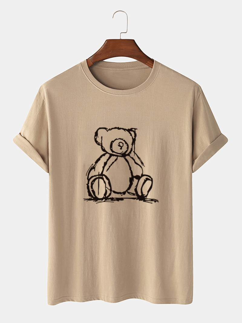 Mens 100% Cotton Stick Figure Bear Print Short Sleeve T-Shirts - MRSLM