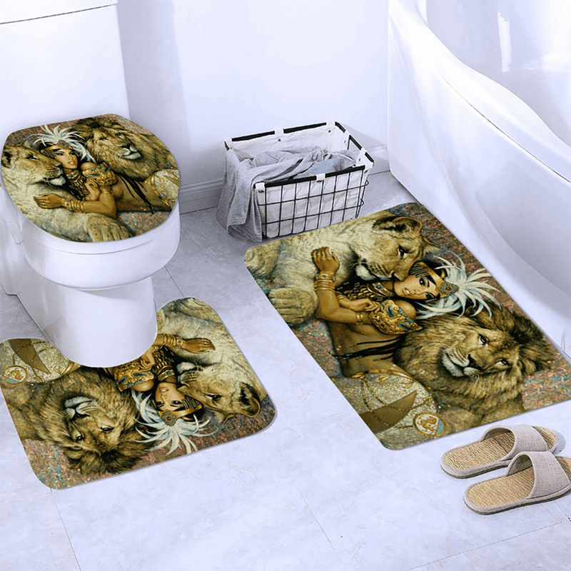 African Woman Egypt Queen and Lion Waterproof Bathroom Set Shower Curtain Bath Mats Floor Doormat Rugs - MRSLM