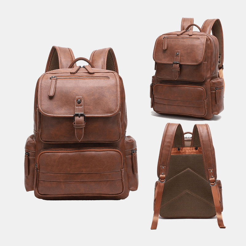 Men PU Leather Large Capacity Multi-Pocket Vintage 14 Inch Laptop Bag Backpack - MRSLM