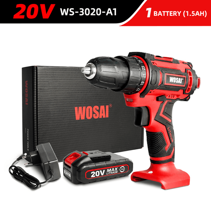 WOSAI 20V Cordless Drill Electric Screwdriver 3/8 Inch Mini Wireless Power Driver DC Lithium-Ion Battery - MRSLM