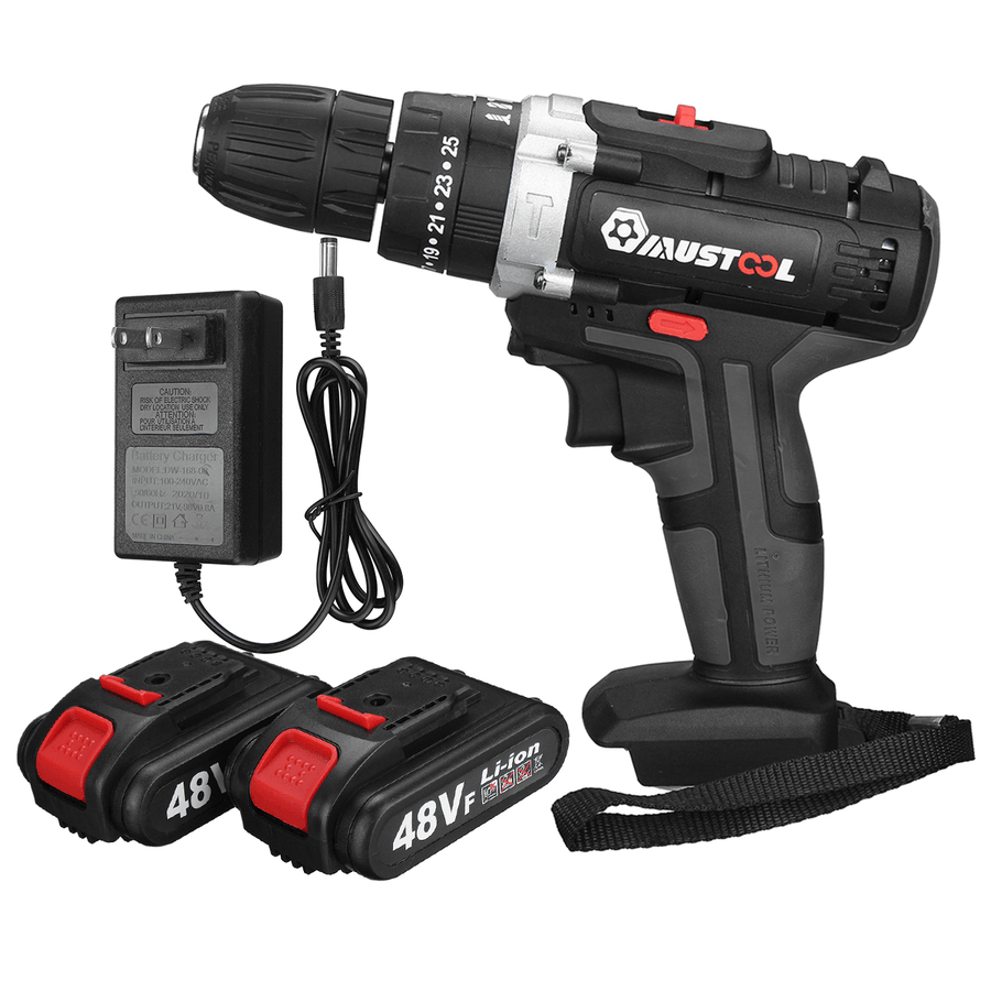 110V/220V 3 in 1 Cordless Impact Drill Hammer Screwdriver with 2Pcs 48V Lithium Batteries - MRSLM