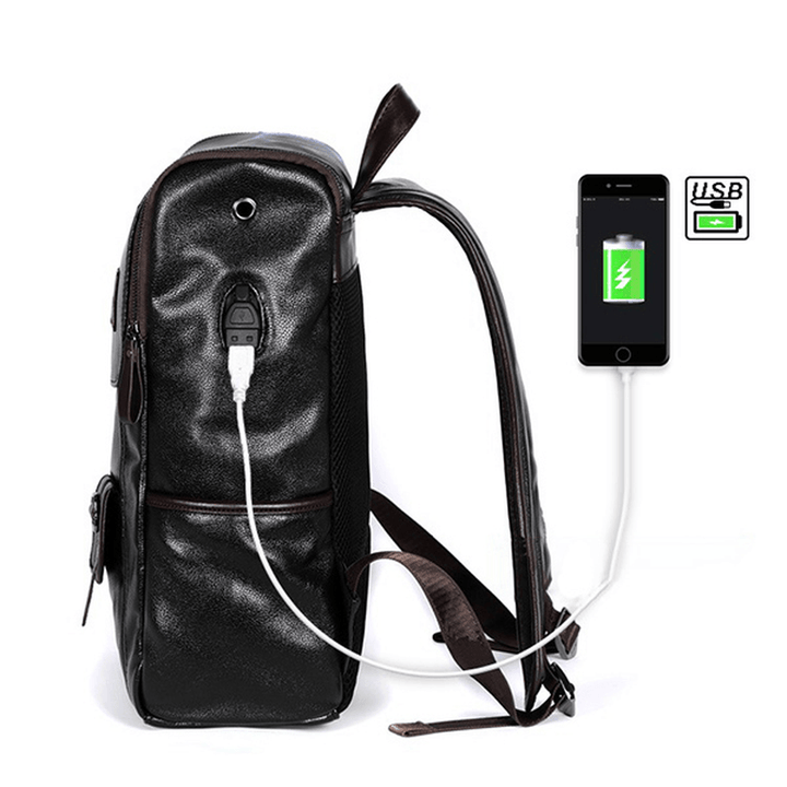 Men PU Leather Solid Vintage Large Capacity Backpack USB Charging Shoulder Bag - MRSLM