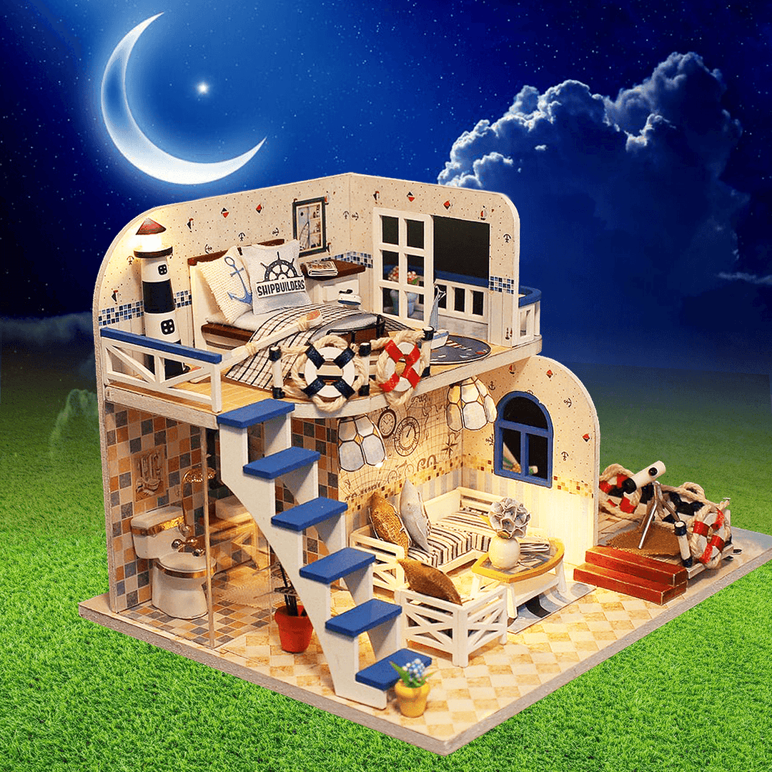 DIY LED Light Coastal Villa Doll House Miniatures Furniture Gift Kit - MRSLM