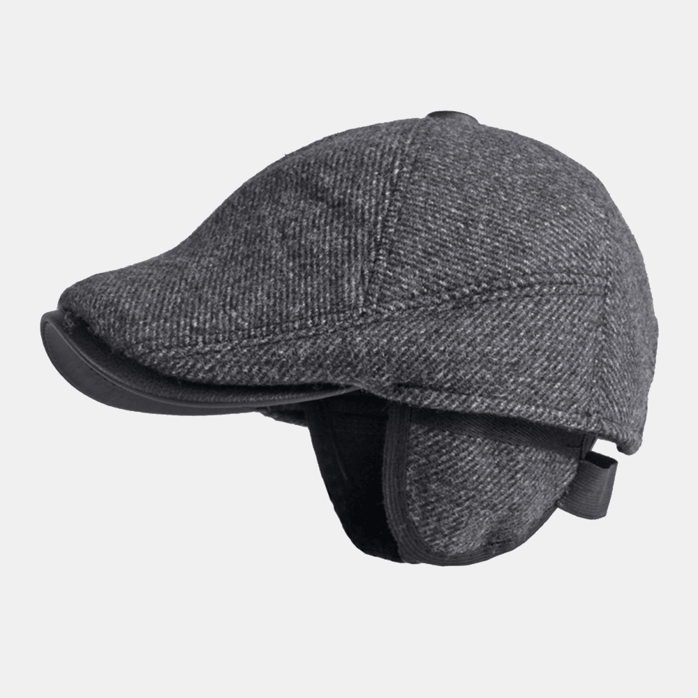 Men Winter Warm Ear Protection Woolen Beret Cap British Retro Short Brim Adjustable Forward Hat Painter Cap - MRSLM