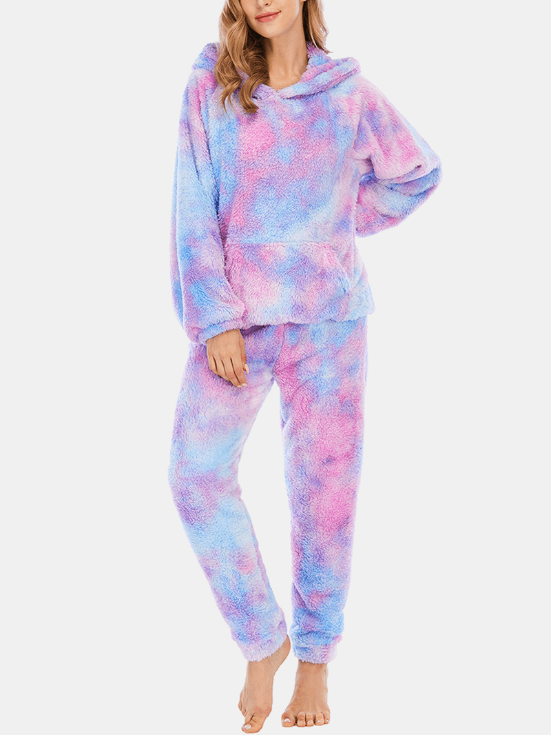 Women Tie Dye Kangaroo Pocket Long Sleeve Fleece Hoodie Loose Pants Home Soft Pajama Set - MRSLM