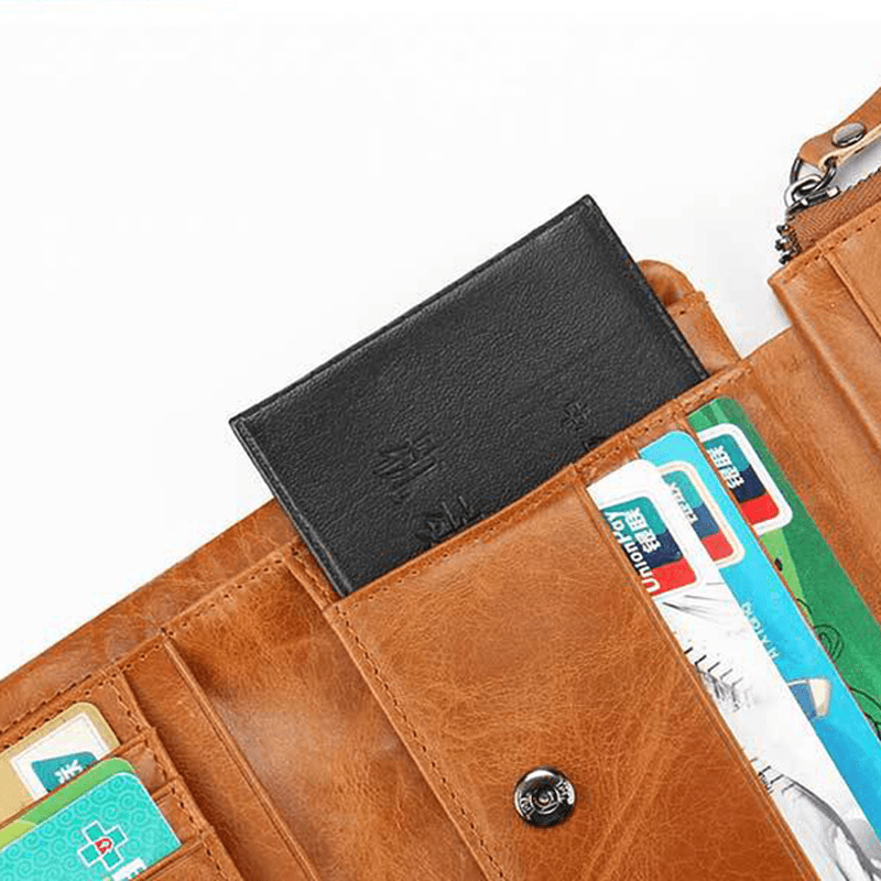 Men Genuine Leather Zipper Pocket 12 Slots Trifold Wallet - MRSLM